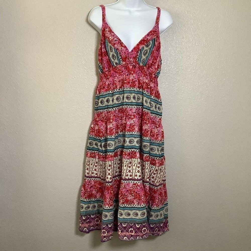 Pink Colorful Multicolor Boho Chic Bohemian Hippie Beach Summer Babydoll Dress L